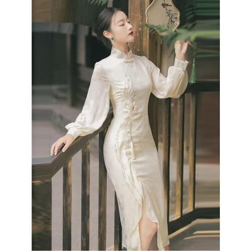 Summer Style Womens Retro Literature And Art Chinese Style Thin Organza Thin Cheongsam Dress Lantern Sleeve Fairy Long Dress