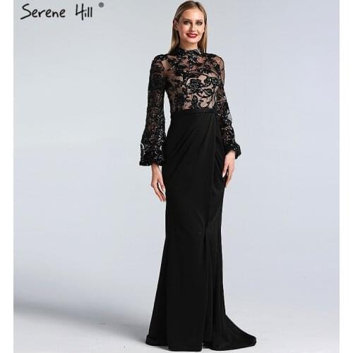 Black Long Sleeves Mermaid Design Evening Dresses High Neck Sequined Illusion Formal Gowns 2021 Serene Hill LA60921