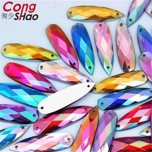 Cong Shao 100pcs 8*28mm AB Color Acrylic Rhinestone trim Crystals stones flatback Long Drop sewing 2 Hole costume Button YB436