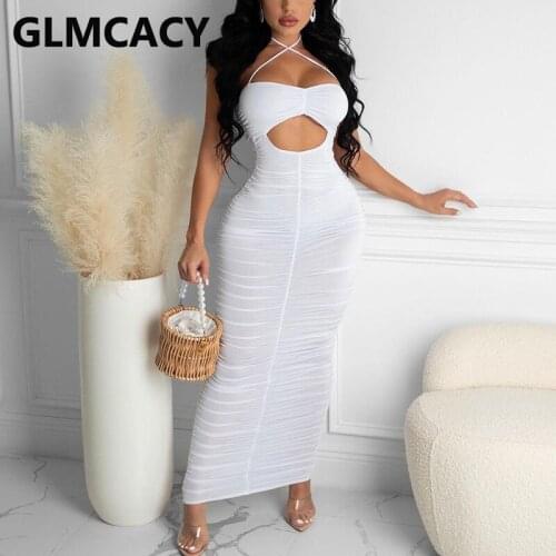 Halter Solid Ruched Maxi Dress Elegant Evening Party Long Vestidos