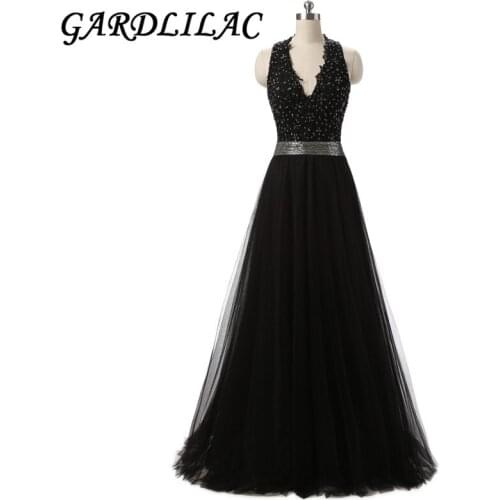 Gardlilac Tulle V-Neck Long Prom Dress Sexy Backless Evening party Dress Black A-line Formal Party Dress