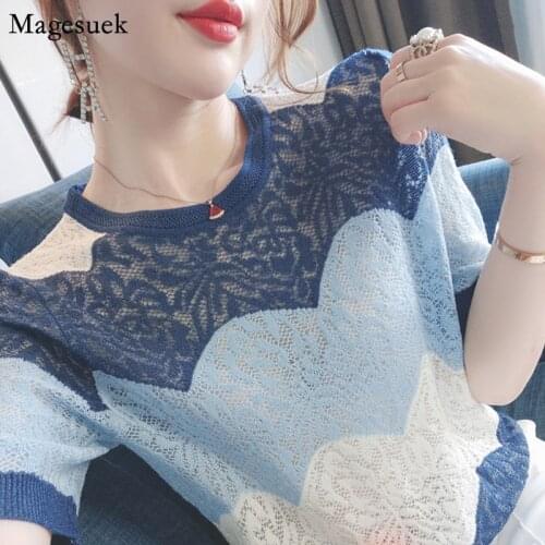 Elegant Fashion O-Neck Women Shirts Casual Ice Silk Knit Shirt Women Blouses Summer Hollow Out Short Sleeve Tops Clothing 14657