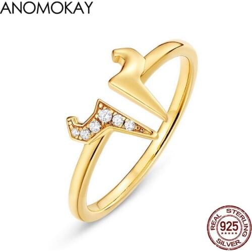 Anomokay Natal Year Gold Color Plated Zodiac Ox Open Rings Real 925 Silver Ring with White Crystal Adjustable Jewelry