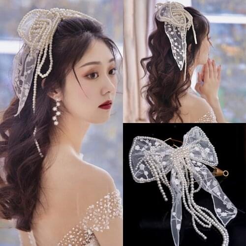 Korean Bridal Handmade Pearl Lace Bowknot Sweet Headdress Temperament White Bow Veil Hairpins Wedding Party Hair Accessories