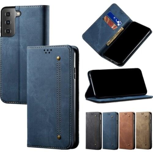 Leather Wallet Case for Galaxy S21 FE S20 Ultra S10 Plus A82 A22 A42 5G A32 A12 A52 A72 A51 A71 A50 A20 A30 Denim Pattern Cover