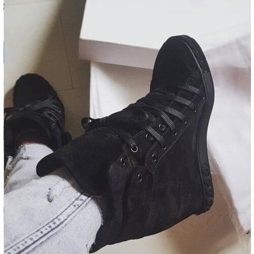 Spring Fashion Black Suede Leather Women Increased Heel Casual Style Shoes Lace Up Ladies High Quality Roma Style Flats Sneaker