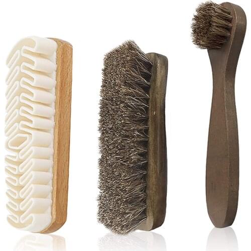 Horsehair Shine Shoes Brush kit, 3-Pack Polish Dauber Applicators Include Microfiber Buffing Glove