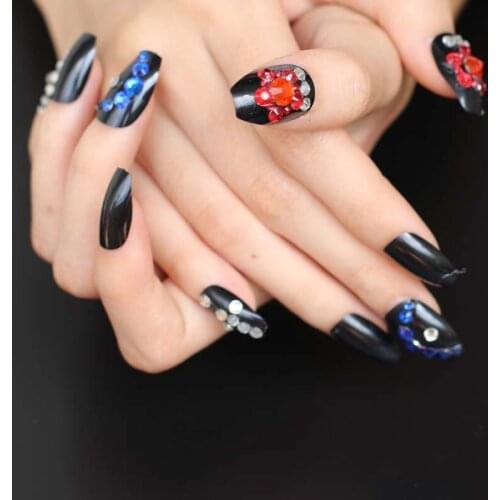 The latest fake nails full nail ballerina 24 designs full of crystal diamonds Sexy black W29