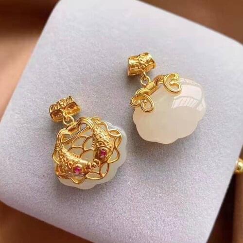 Classic Ethnic Style Pisces Safety Lock Pendant Ancient S925 Sterling Silver Gold Inlaid Hetian Jade Necklace for Women Exquisi