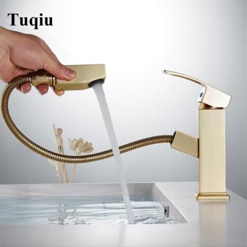 New Basin Faucet Single Lever Pull Out Brass sink Mixer Tap For Bathroom Basin Water Sink Mixer gold brush