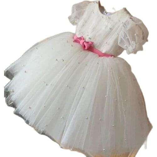 Gardenwed Puff Sleeve Girl Princess Dress Pearls Pink Bow Belt Flower Girl Dresses 2020 Simple Girl Wedding Party Dress White