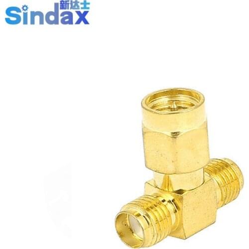 Sindax Gold Tone Straight SMA Male to Two SMA Female Plug RF Adapter Coax Tee Connector