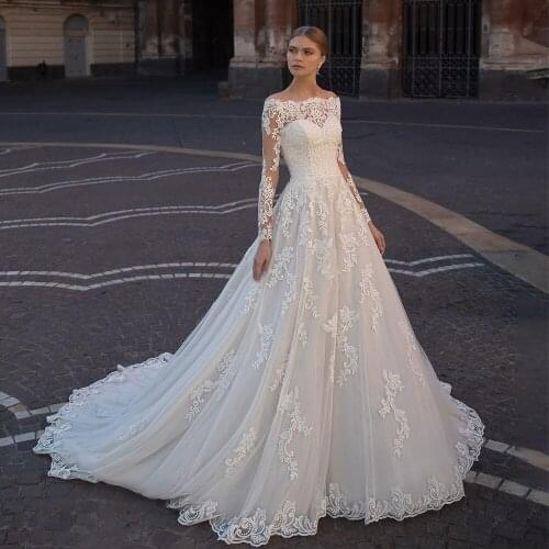 Robes De Soirée Boat Neck Buttons Up Back Long Sleeve Beading Appliques Bridals Wedding Dress Trouwjurk