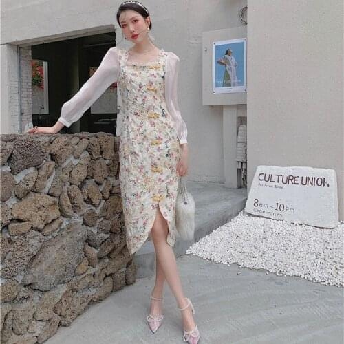 Spring Autumn French Girl Improved Cheongsam Square Collar Lace Patchwork Embroidered Chiffon Long Sleeves Elegant Chic Dresses