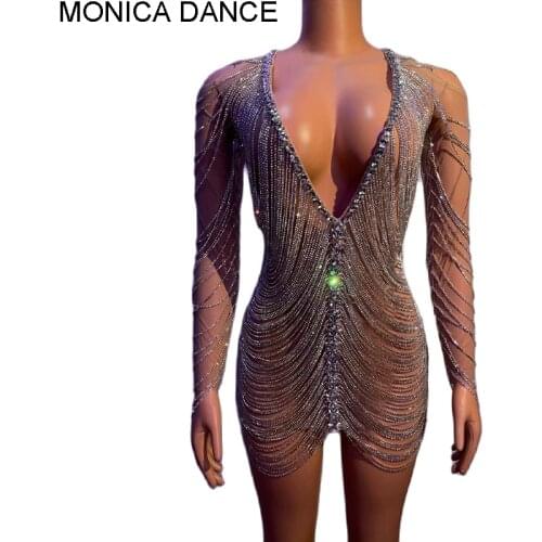 Sexy Stage Crystals Chains Hollow Dress With Mesh Under Party Wedding Birthday Dj Female Singer Nightclub See Through Costume