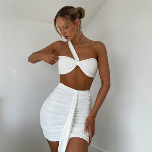 Sexy Women Skirt Set One Shoulder Tank Top And Mini Dress Bandage Streetwear Solid Color Matching Sets
