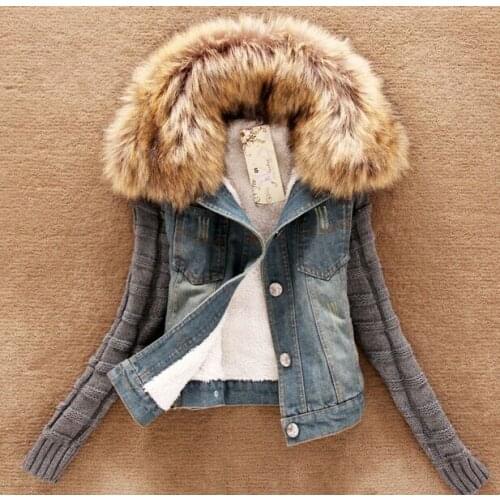 Spring Slim Big Fur Collar Woolen Sleeve Fleece Denim Short Cotton Jacket Original Single Womens Stitching Short Long Sleeve