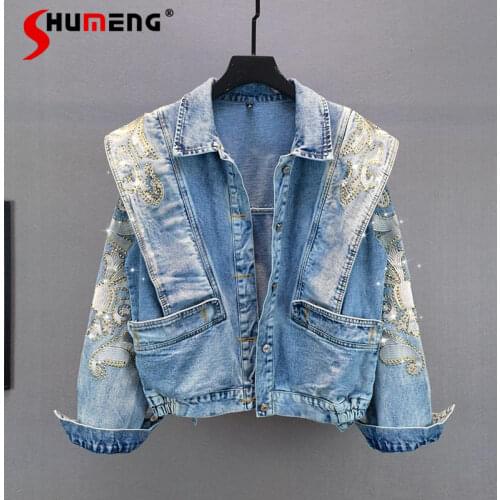 2021 Spring Autumn Ins Embroidery Rhinestone Denim Coat New Loose Slimming Jeans Jacket Women Long Sleeves Fashion Top
