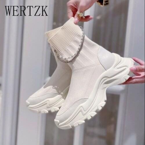 New Womens Platform Shoes Ankle Sock Boots Thick Bottom Solid Color Slip On Ladies Knitted Female Fashion Shoe Casual 2021