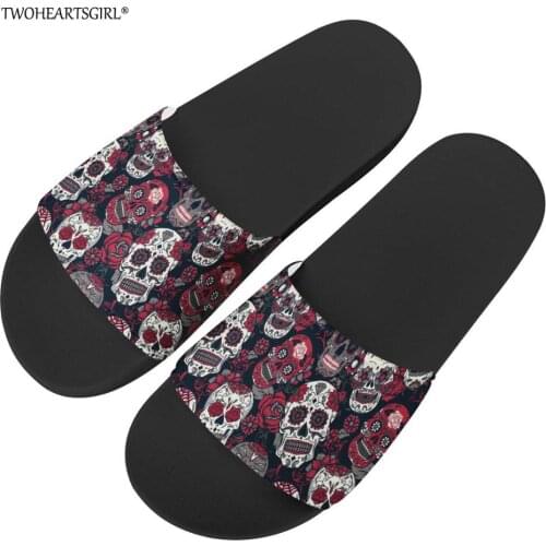 Twoheartsgirl Floral Sugar Skull Print Slippers for Women Casual Female Home Slippers Soft Summer Sandals Slides Beach Shoes