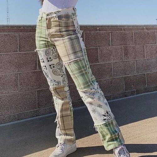 Women Vintage Jeans High Waisted Pants Patchwork Straight Cotton Blend Checkerboard Denim Jeans Hip Pop Streeetwear Denim Pants