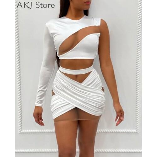 Women Sexy One Shoulder Sheer Mesh Patch Crop Top & Ruched Skirt Set