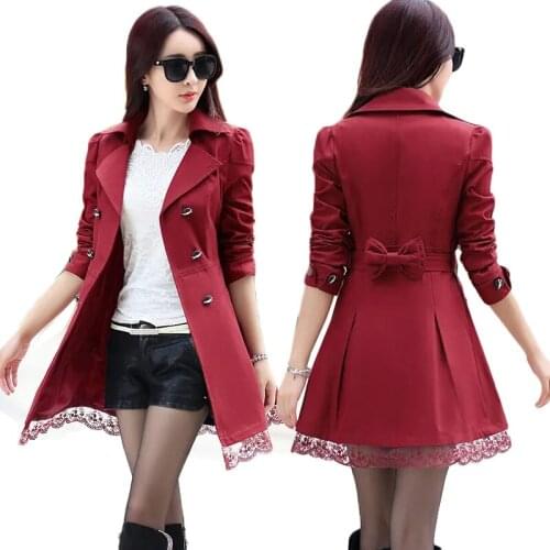 Spring Autumn Coat Women Turn-down Collar Double Breasted Lace Trench Coat Plus Size 3XL With Belt Lady Elegant Windbreaker H269