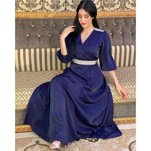 2021 Eid Plus Size Summer Long Dress for Women Muslim Dubai Turkish Arabic Evening Abaya France Velvet Royal Blue Diamond Belt