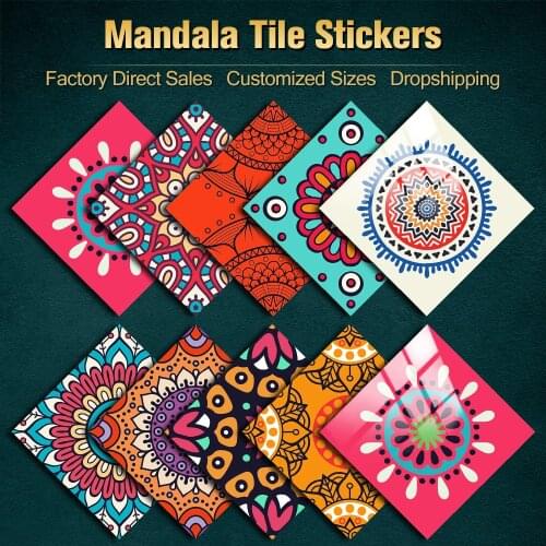 10pcs Mandala Style Hard Tiles Wall Sticker Kitchen Bathroom Wardrobe Decoration Waterproof & Oil-proof Ceramics Art Wallpaper