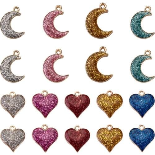 36pcs Alloy Enamel Pendants with Glitter Powder Shiny Moon Heart Charms for Jewelry Making diy Dangle Earrings Necklace Supplies