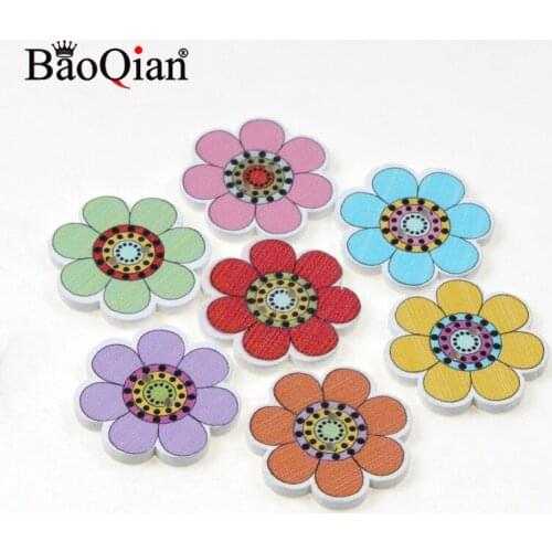 50PCs 25mm Natural Wooden Buttons Chrysanthemum Shape Mixed Scrapbooking Sewing Accessories DIY Craft 2 Holes
