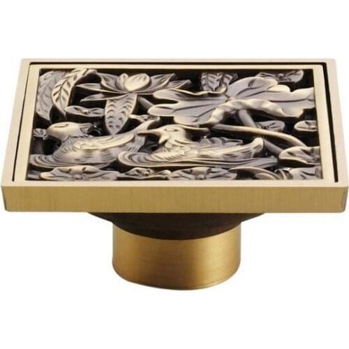 Antique Brass Carved Flower Dual Bird Animals Pattern Bathroom Shower Drain 4" Square Floor Drain Waste Grates ahr028