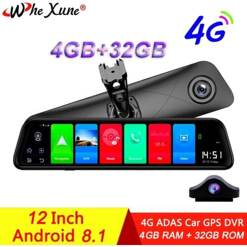 WHEXUNE 4GB+32GB 12" 4G Car DVR Android 8.1 GPS Auto Registrar WiFi Full HD Rearview Mirror Dash Camera Driving Video Recorder