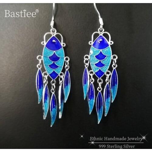 Bastiee 999 Sterling Silver Drop Earrings Tassel Blue Fish Women Ethnic Cloisonne Enamel Earing Vintage Handmade Luxury Jewelry