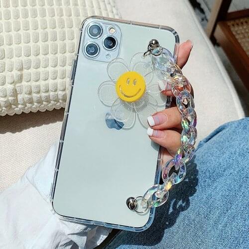 Korea ins Crystal Smiley Flowers Wrist Chain Case For Samsung S30 S20 Note 20 Ultra A51 A71 4G A50 A70 A52 A72 A42 5G S10 Cover