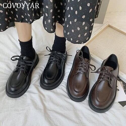 COVOYYAR Korean Flat Women Shoes Pu Leather Lace-up Woman Oxfords Shoes Vintage College Uniform Casual Lolita Shoes WFS4075