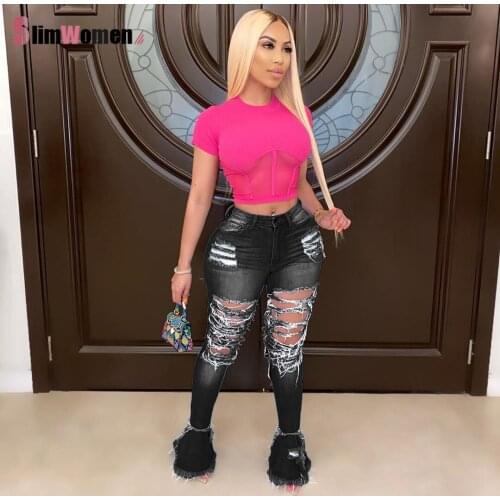 Ripped Ruffles Jeans for Women Neon High Waist Jeans Vintage Flare Jeans Holes Patchwork Camouflage Capris Denim Pants Trousers