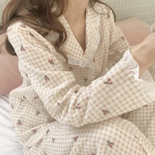 QWEEK Plaid Pajama Set Women Kawaii Cherry Print Sleepwear Lace Pijamas Korean Pyjamas Long Sleeve Autumn Clothes Loungewear