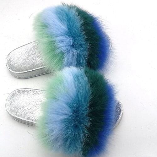 Summer Womens Real Furry Fox Fur Slippers Fashion Simple And Elegant Cute Silver Home Interior Protective Fur Slippers