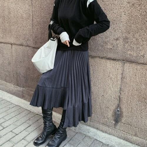 Limiguyue Spring Women High Waist Pleated Skirt Fashion Ladies Irrgular Skirts Korean Style big swing Black Skirts Jupes K685