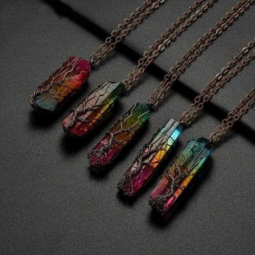 SEDmart 7Chakra Rainbow Natural Stone Copper Wire Pendant Necklace for Women Men Long Chain Tree of Life Statement Jewelry Gift