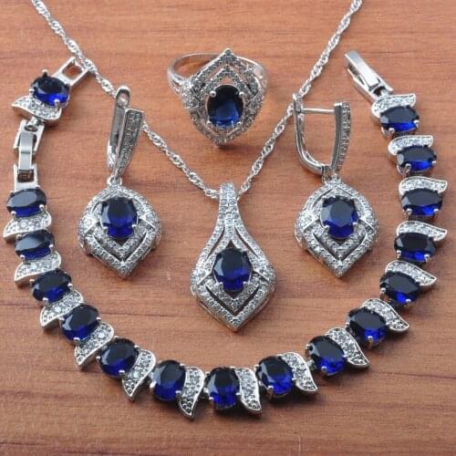 Christmas Gift Amazing Blue Crystal Silver Plated Jewelry Sets For Women Wedding CZ Earrings Necklace Set Rings Bracelet JS0606