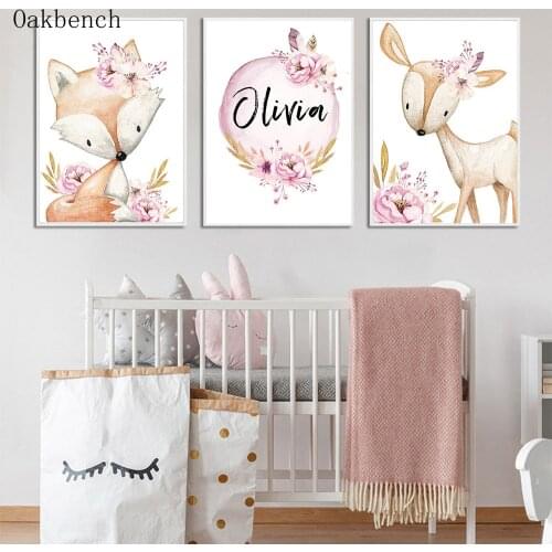 Custom Name Canvas Print Fox Deer Animals Poster Nursery Wall Art Painting Nordic Wall Picture For Baby Bedroom Decoration