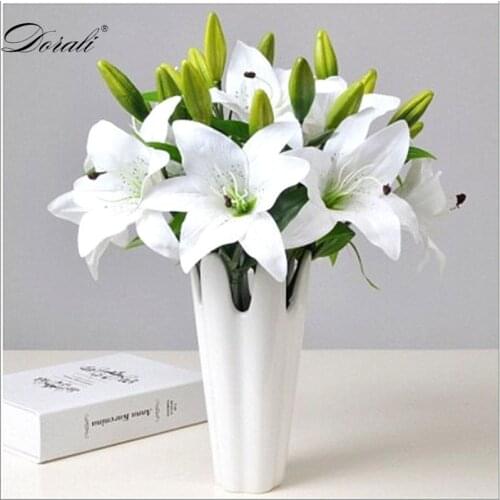 DIY 3 Heads Real Touch Artificial lily Flores Wedding Bridal fake Holding flowers Bouquet Plants white lily Home Party Decor