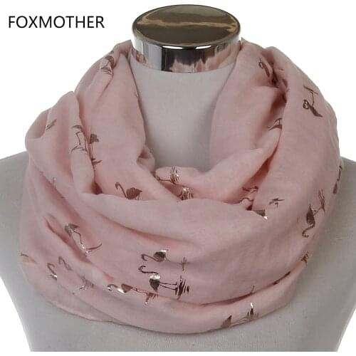 FOXMOTHER New Fashion Shiny Pink Mint Bronzing Foil Gold Flamingo Swan Ring Scarf Snood Foulard Shawl Women Dropshipping