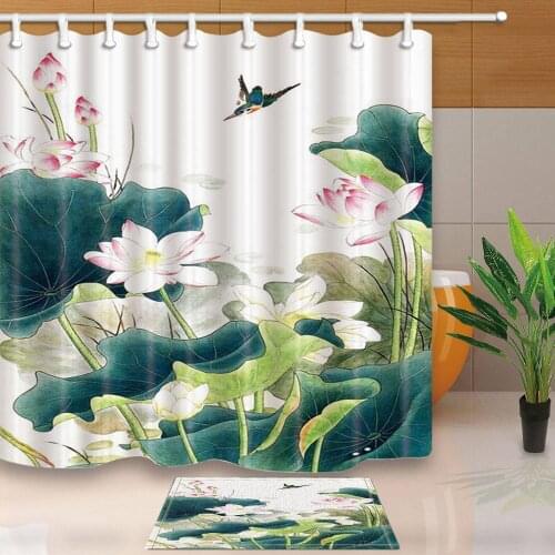 Lotus Paintings Shower Curtains Simple Style Bath Screen Home Decoration Polyester Fabric Waterproof Mildew Proof with Hooks