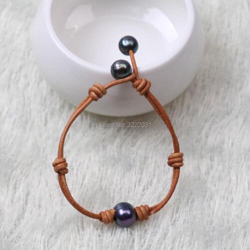 Blue Pearl Leather Bracelets for Women,Handmade Near Round Pearl Wristband Girls Birthday Present,Pearls Best Friendship Bangle