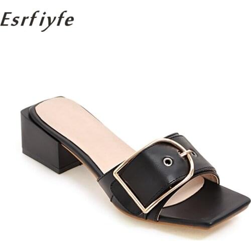 ESRFIYFE 2021 High Quality Summer Square Heels Women Silppers Buckle Metal Decoration Shoes Peep Toe Ladies Shoes Big Size 43