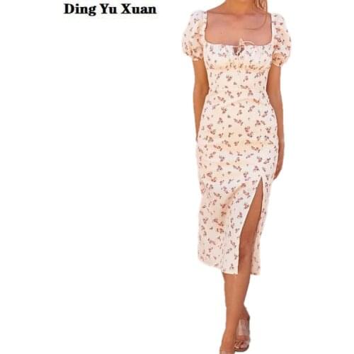 Boho Style Summer Square Collar Dress Women Short Puff Sleeve Floral Party Split Long Maxi Dresses Sexy Vestidos Sundress
