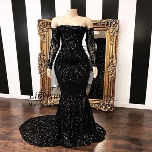 2021 Black Off The Shoulder Mermaid Prom Dresses New Long Sleeve Sweep Strain robes de soirée Sequined Formal Evening Gowns